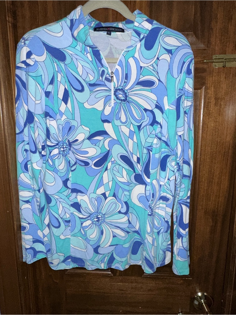 Printed Long-Sleeve Zip-Neck Tunic in Blue Floral